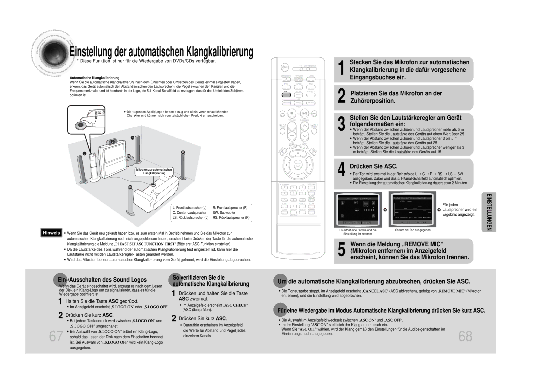 Samsung HTDS100B/EDC manual Drücken Sie ASC, Ein-/Ausschalten des Sound Logos, So verifizieren Sie die, Zuhörerposition 