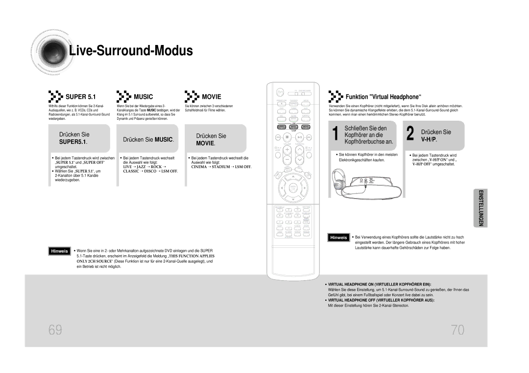 Samsung HTDS100RH/ELS, HT-DS100N/EDC, HTDS1000TH/XAA manual Drücken Sie Music, Funktion Virtual Headphone, Schließen Sie den 