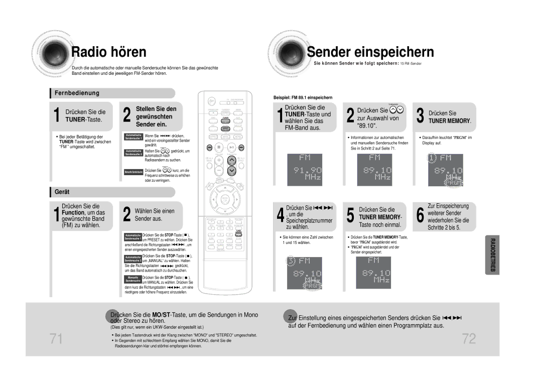 Samsung HTDS1000RH/XFO Radio hören, Sender einspeichern, Fernbedienung, Stellen Sie den Gewünschten Sender ein, Gerät 