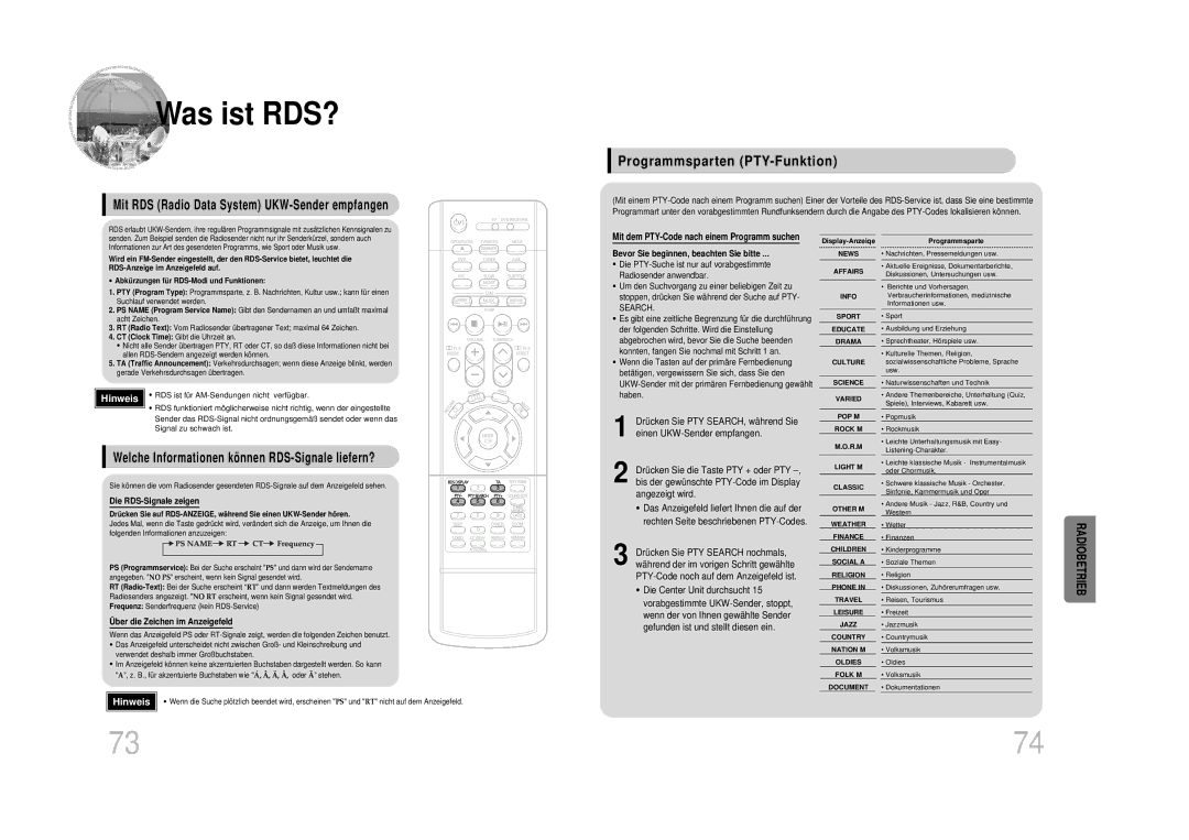 Samsung HTDS100RH/EDC manual Was ist RDS?, Programmsparten PTY-Funktion, Mit RDS Radio Data System UKW-Sender empfangen 