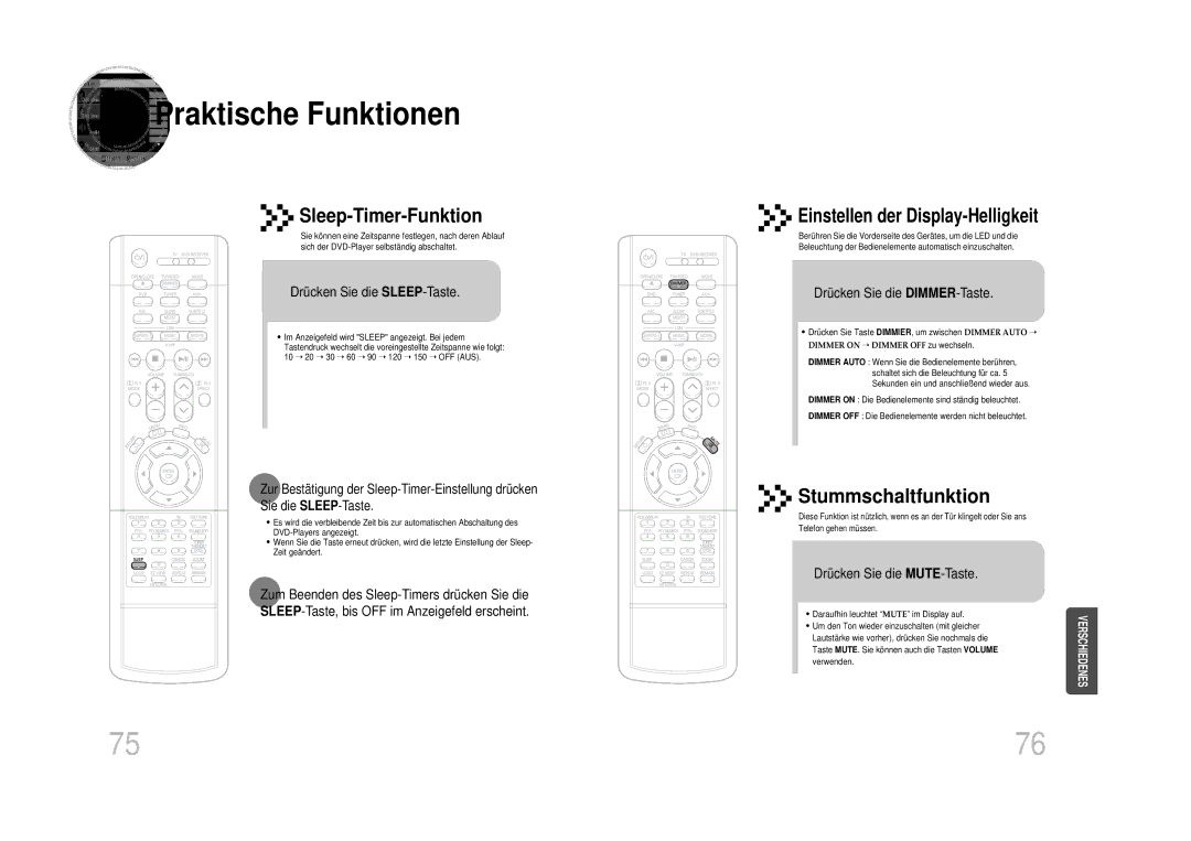 Samsung HT-DS1100R/ELS, HT-DS100N/EDC Praktische Funktionen, Drücken Sie die SLEEP-Taste, Drücken Sie die DIMMER-Taste 