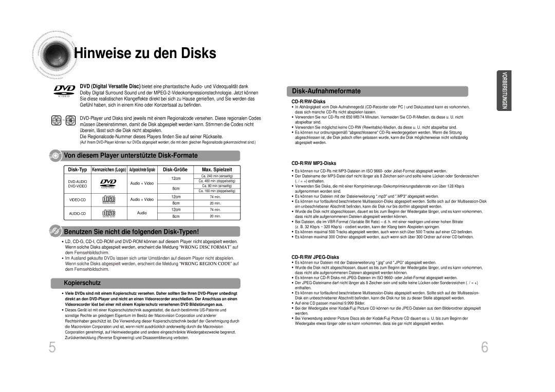 Samsung HTDS100RH/ELS manual Hinweise zu den Disks, Disk-Aufnahmeformate, Von diesem Player unterstützte Disk-Formate 