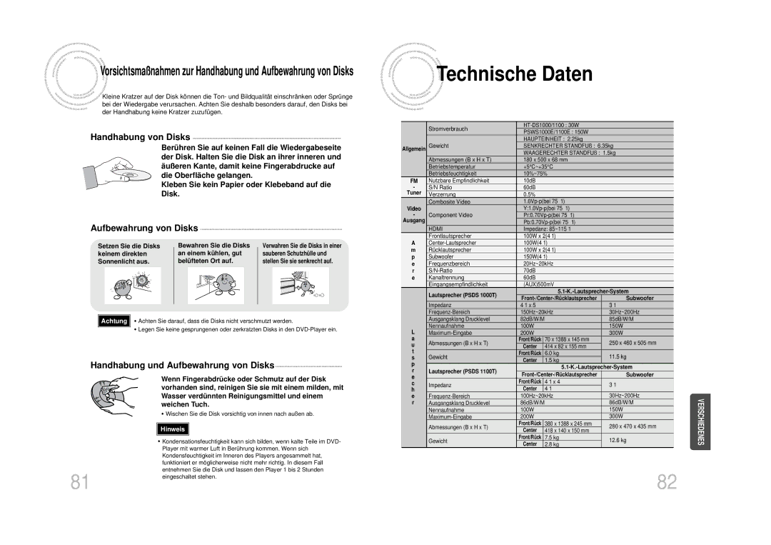 Samsung HT-DS1100R/EDC, HT-DS100N/EDC, HTDS1000TH/XAA manual Technische Daten, Handhabung von Disks, Aufbewahrung von Disks 