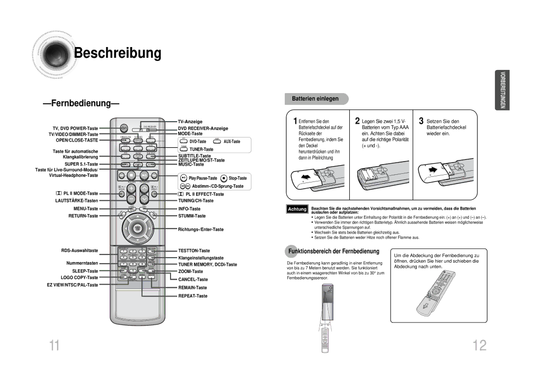 Samsung HT-DS1100R/ELS manual Batterien einlegen, Legen Sie zwei 1,5, Setzen Sie den, Funktionsbereich der Fernbedienung 