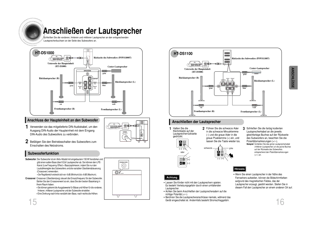 Samsung HTDS1000TH/XAA, HT-DS100N/EDC, HT-DS1100R/EDC manual HT-DS1000, Anschließen der Lautsprecher, Subwooferfunktion 