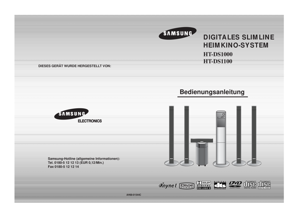 Samsung HTDS1000TH/XAA manual Digitales Slimline Heimkino-System, Bedienungsanleitung, HT-DS1000 HT-DS1100, AH68-01544C 