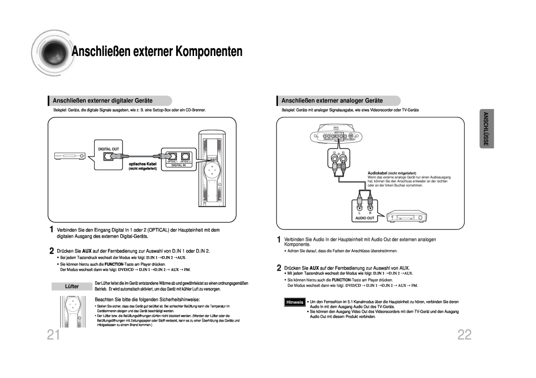 Samsung HTDS100RH/ELS manual Anschließenexterner Komponenten, Lüfter, Beachten Sie bitte die folgenden Sicherheitshinweise 