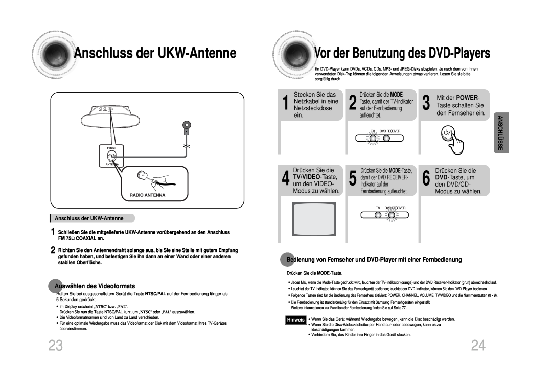 Samsung HTDS1000RH/XFO manual Anschlussder UKW-Antenne, Vor der Benutzung des DVD-Players, Stecken Sie das, Mit der POWER 