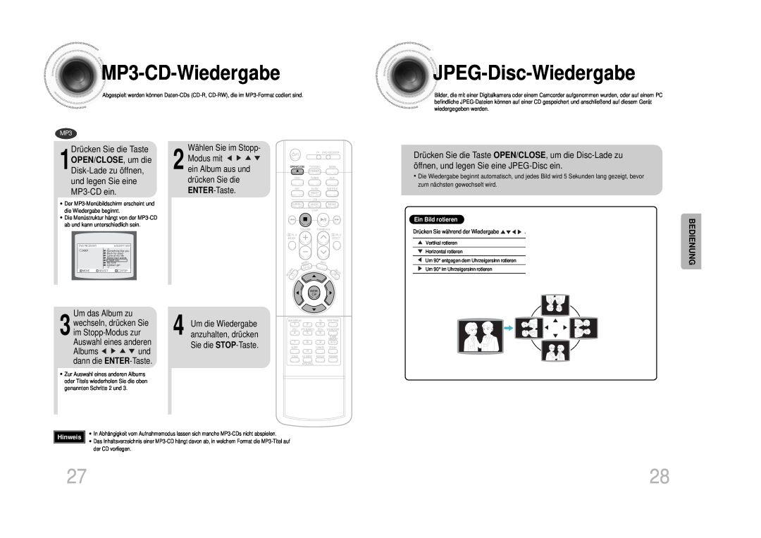 Samsung HT-DS1100R/ELS MP3 -CD-Wiedergabe, JPEG -Disc-Wiedergabe, Drücken Sie die Taste, Wählen Sie im Stopp 2 Modus mit 