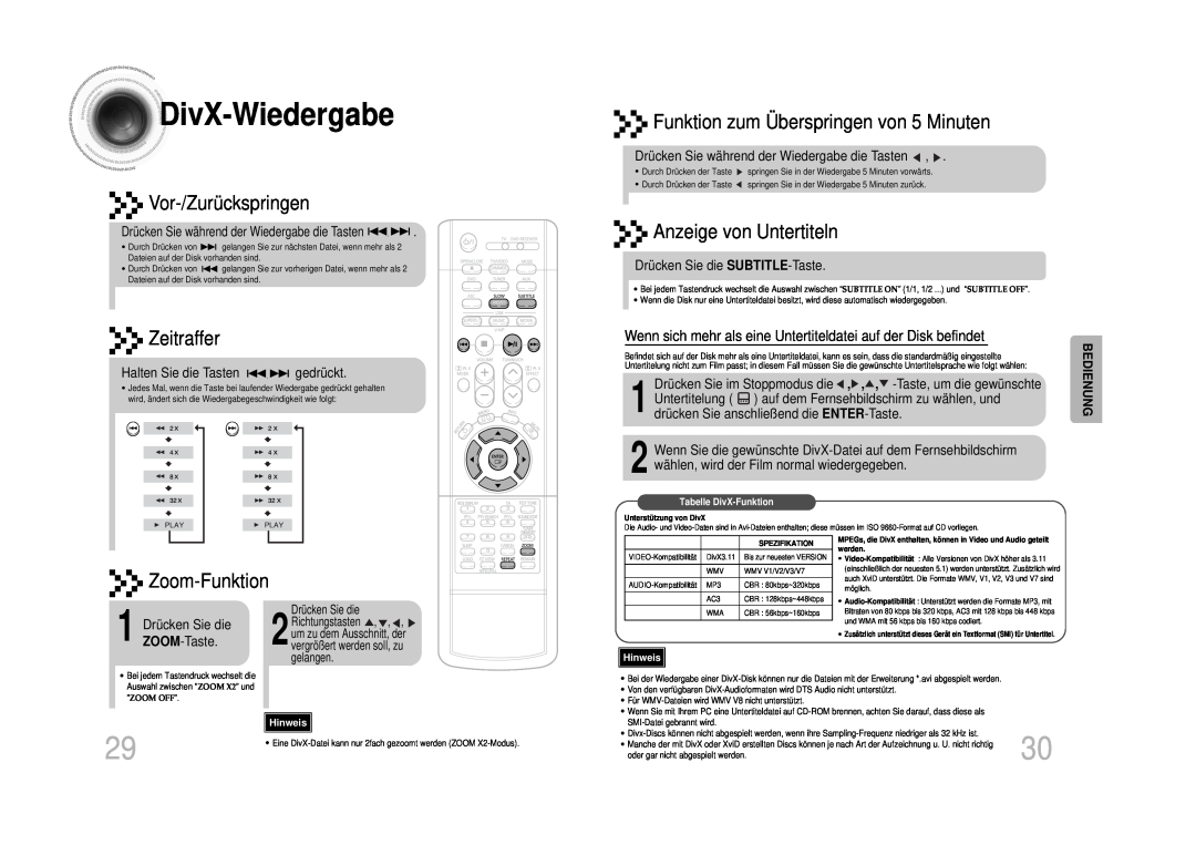 Samsung HT-DS100N/EDC DivX -Wiedergabe, Vor-/Zurückspringen, Zeitraffer, Funktion zum Überspringen von 5 Minuten, Hinweis 