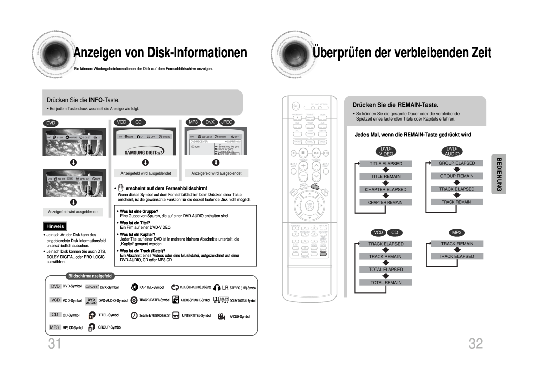 Samsung HTDS1000TH/XAA manual Drücken Sie die INFO-Taste, Anzeigenvon Disk-Informationen, Überprüfen der verbleibenden Zeit 