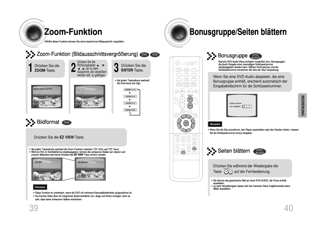 Samsung HTDS1000RH/XFO manual Zoom -Funktion, Bonusgruppe/Seitenblättern, Zoom-Funktion Bildausschnittsvergrößerung DVD VCD 
