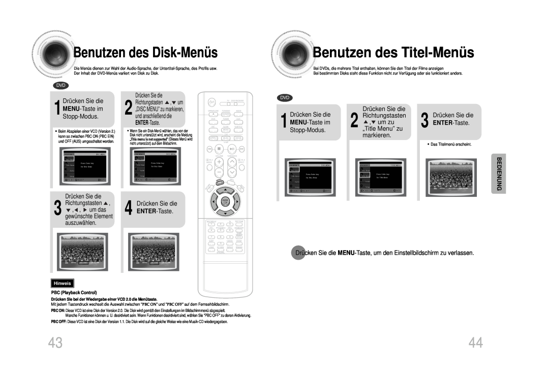 Samsung HT-DS1100R/ELS manual Benutzendes Titel-Menüs, Benutzendes Disk-Menüs, 1MENU-Taste im Stopp-Modus, Drücken Sie die 