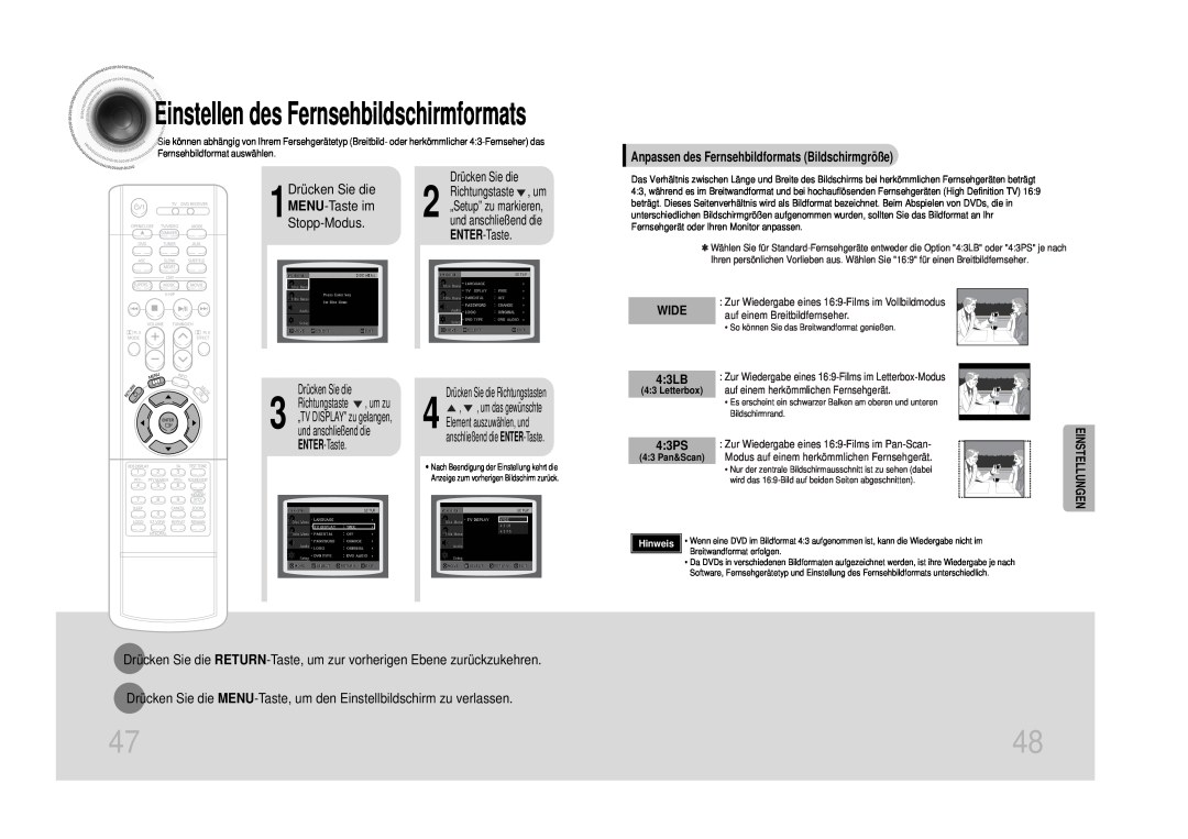 Samsung HTDS1000TH/XAA Einstellen des Fernsehbildschirmformats, Drücken Sie die 1MENU-Taste im Stopp-Modus, WIDE 43LB 