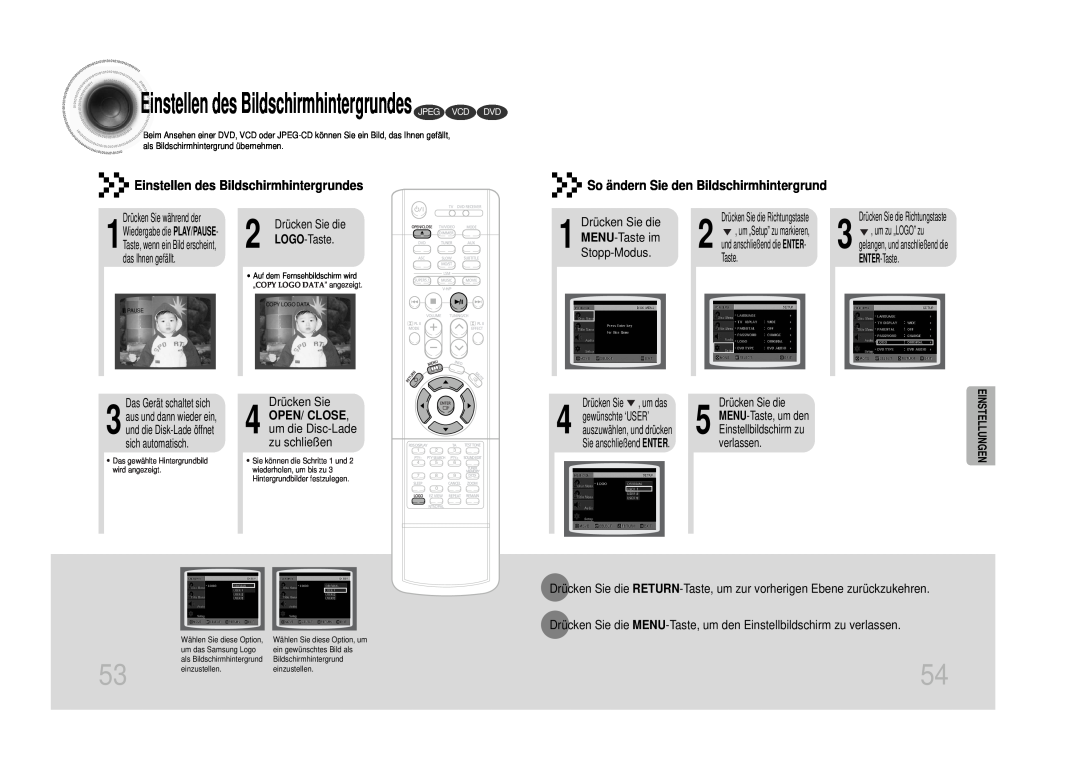 Samsung HTDS100RH/ELS manual Einstellen des Bildschirmhintergrundes JPEG VCD DVD, So ändern Sie den Bildschirmhintergrund 