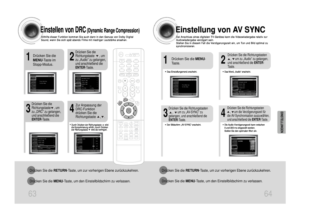 Samsung HTDS1000TH/XAA Einstellung von AV SYNC, Einstellen von DRC Dynamic Range Compression, 1 DrückenTaste. Sie die MENU 