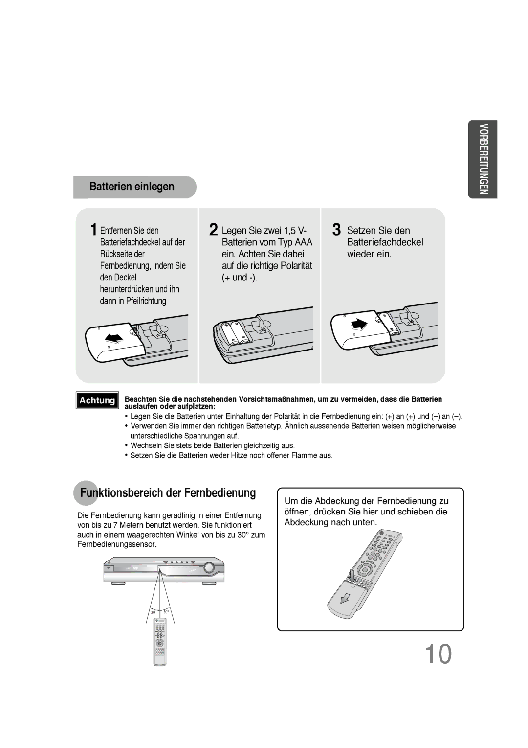 Samsung HTDS100RH/EDC, HT-DS100N/EDC, HTDS100B/EDC, HTDS100RH/ELS manual Batterien einlegen 