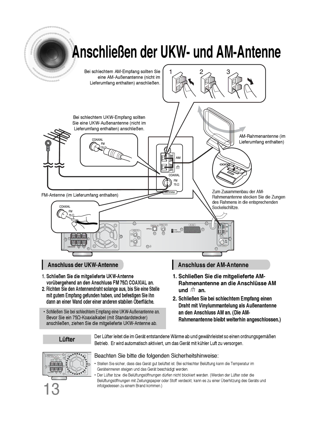 Samsung HTDS100RH/ELS, HT-DS100N/EDC, HTDS100B/EDC, HTDS100RH/EDC manual Anschließen der UKW- und AM-Antenne 