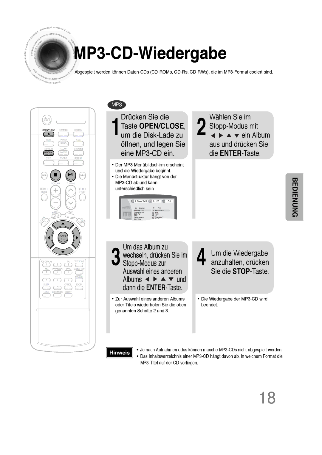 Samsung HTDS100RH/EDC, HT-DS100N/EDC, HTDS100B/EDC manual MP3 -CD-Wiedergabe, Drücken Sie die, Wählen Sie im, Um das Album zu 