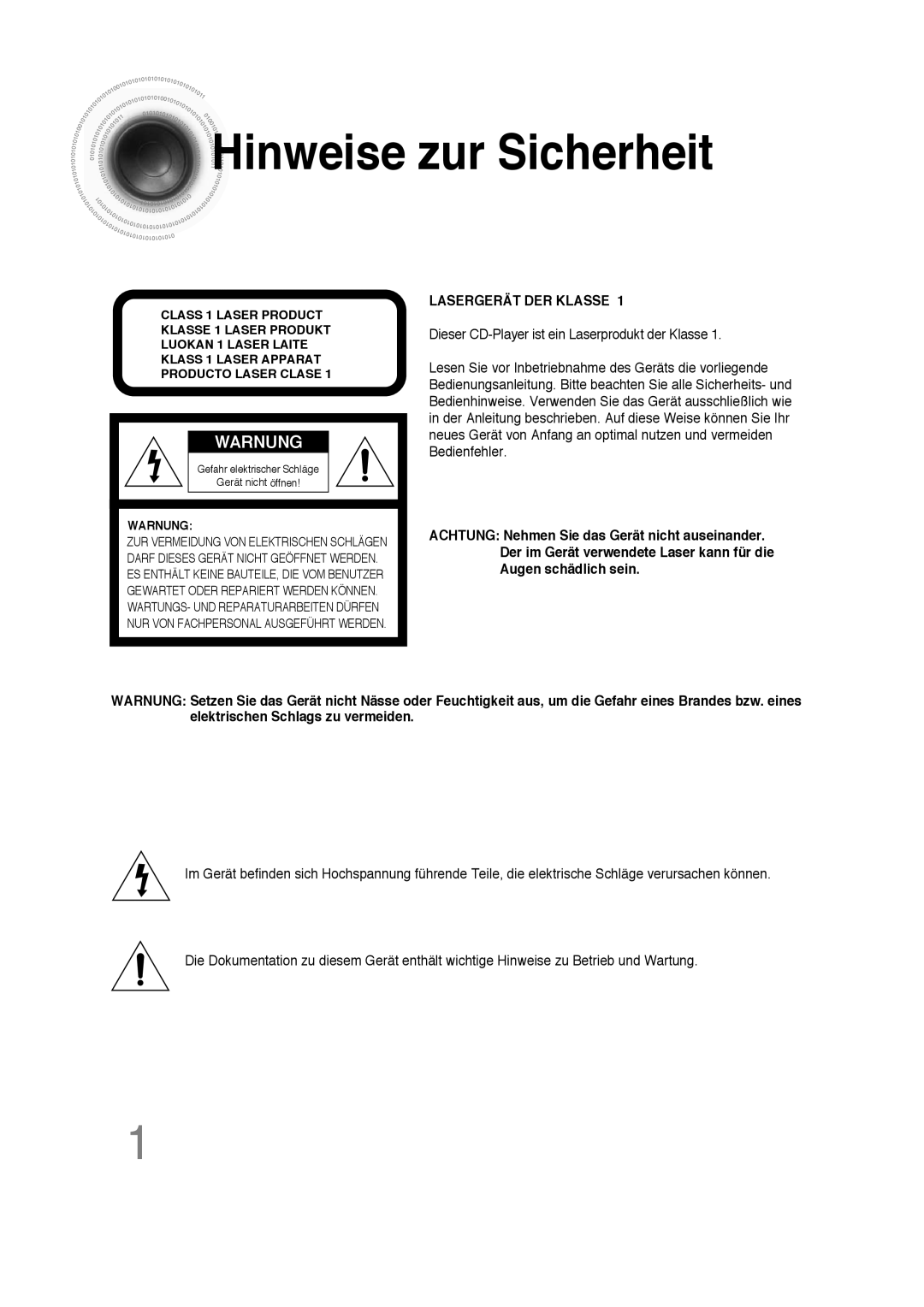 Samsung HTDS100RH/ELS, HT-DS100N/EDC, HTDS100B/EDC, HTDS100RH/EDC manual Hinweise zur Sicherheit, Warnung 