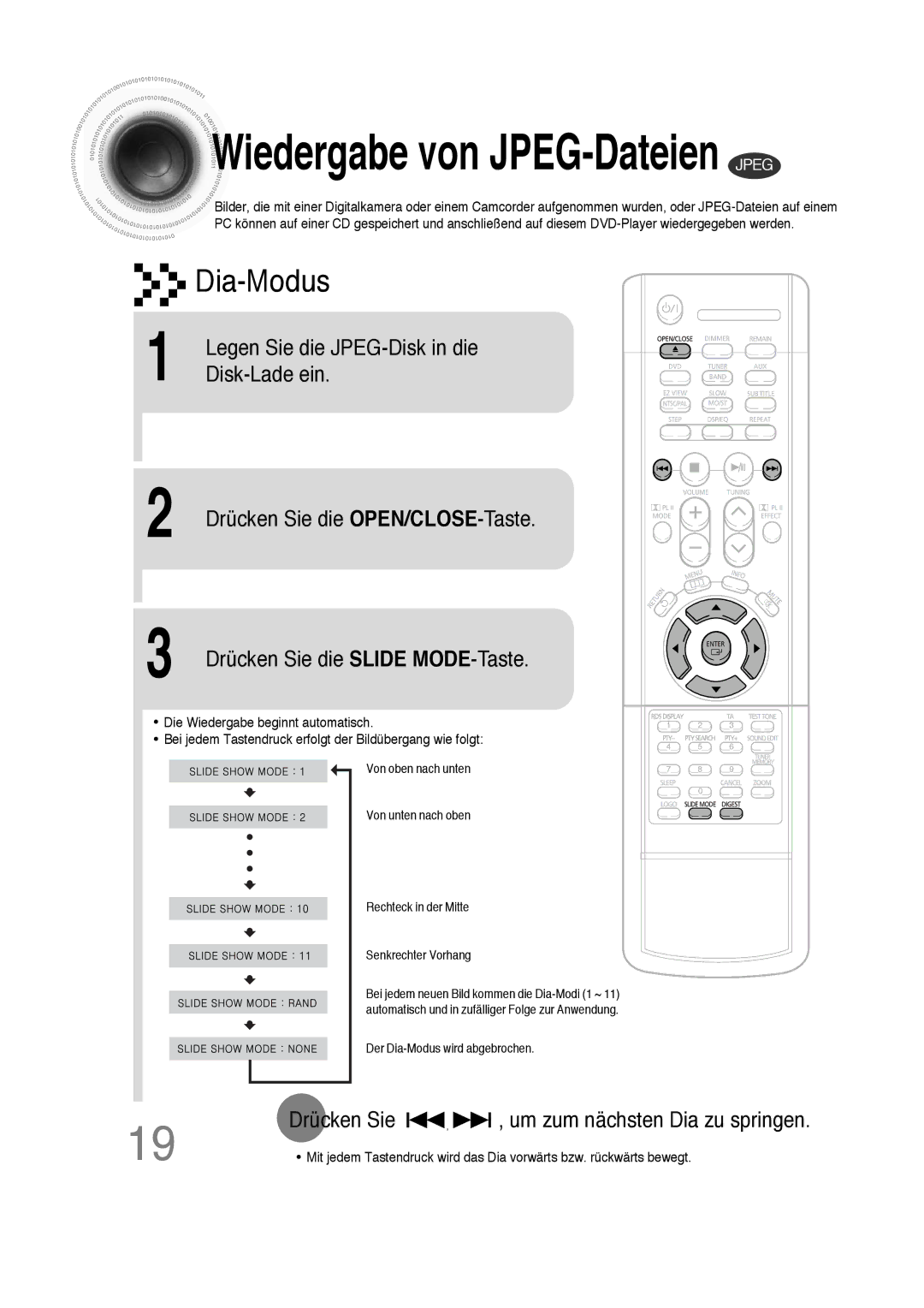 Samsung HT-DS100N/EDC, HTDS100B/EDC, HTDS100RH/ELS manual Wiedergabe von JPEG-Dateien Jpeg, Drücken Sie die Slide MODE-Taste 