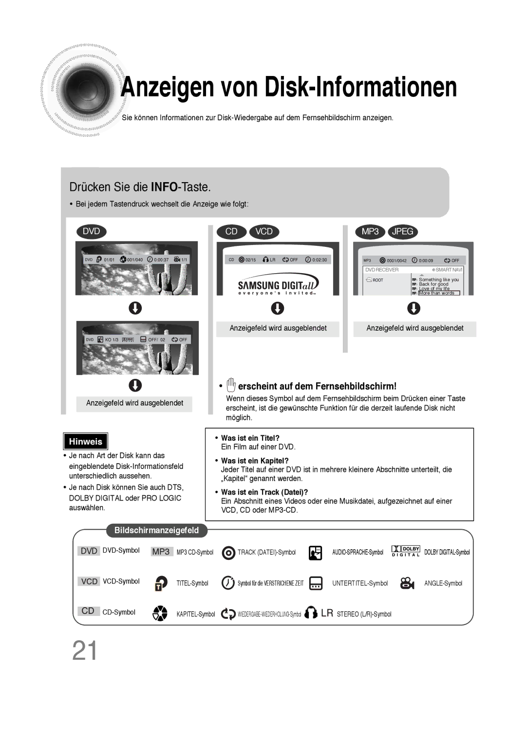 Samsung HTDS100RH/ELS, HT-DS100N/EDC, HTDS100B/EDC manual Anzeigen von Disk-Informationen, Drücken Sie die INFO-Taste 