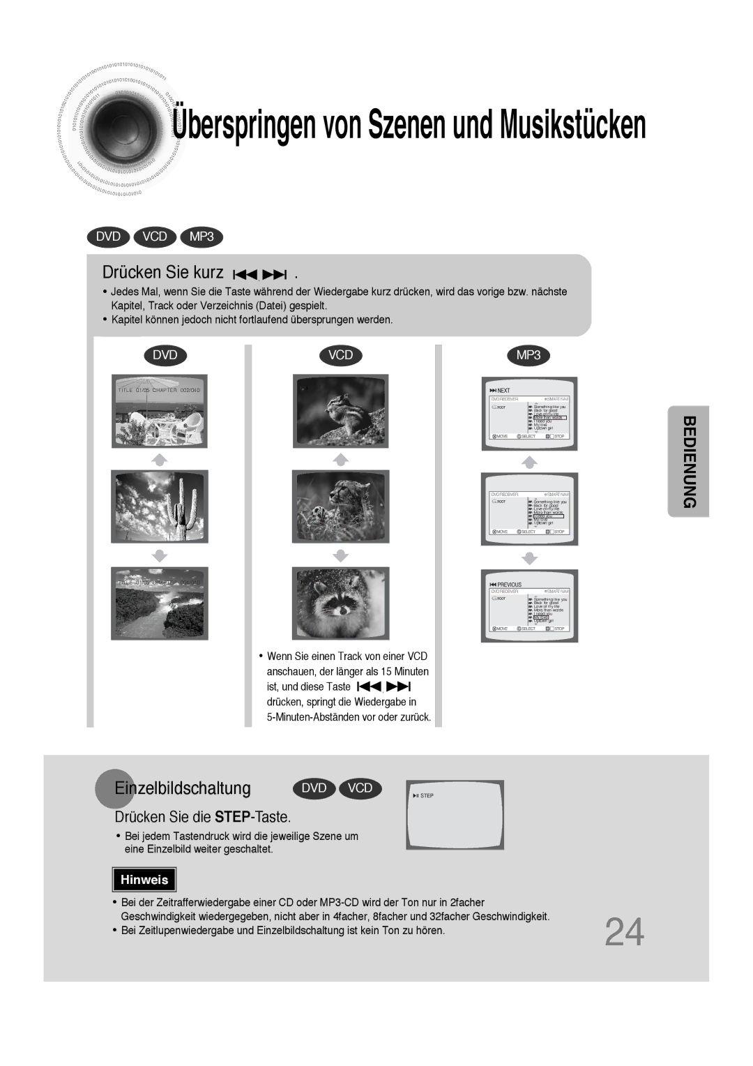 Samsung HTDS100B/EDC, HT-DS100N/EDC, HTDS100RH/ELS, HTDS100RH/EDC manual Drücken Sie kurz, Einzelbildschaltung DVD VCD 