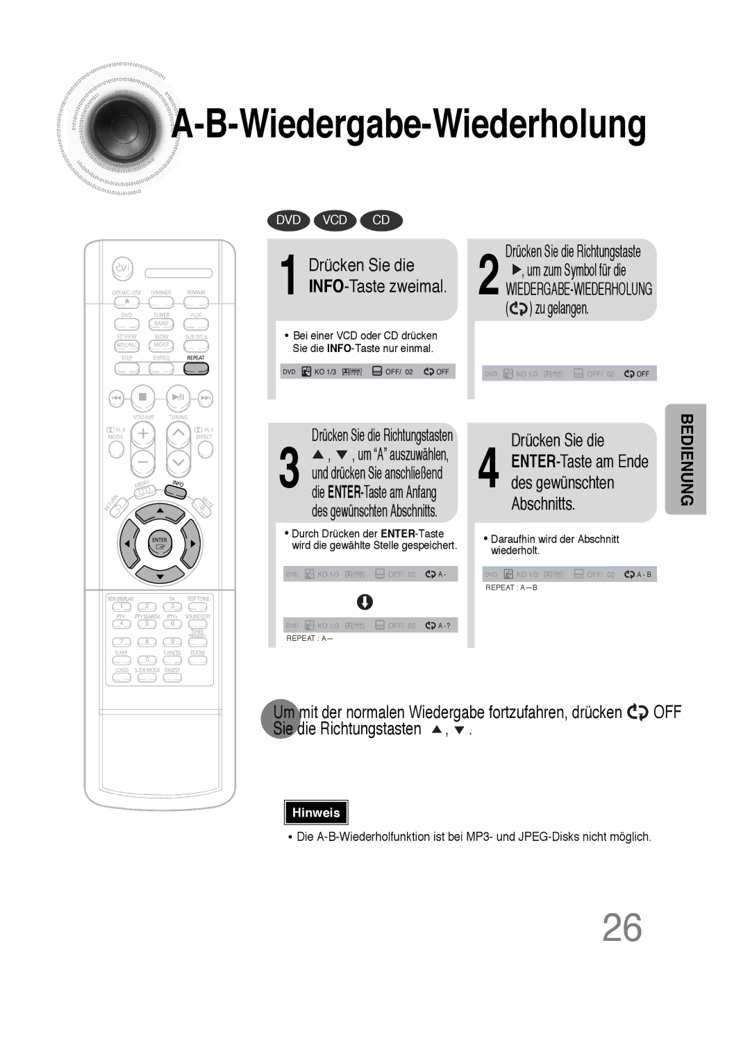 Samsung HTDS100RH/EDC, HT-DS100N/EDC, HTDS100B/EDC, HTDS100RH/ELS manual Wiedergabe-Wiederholung 