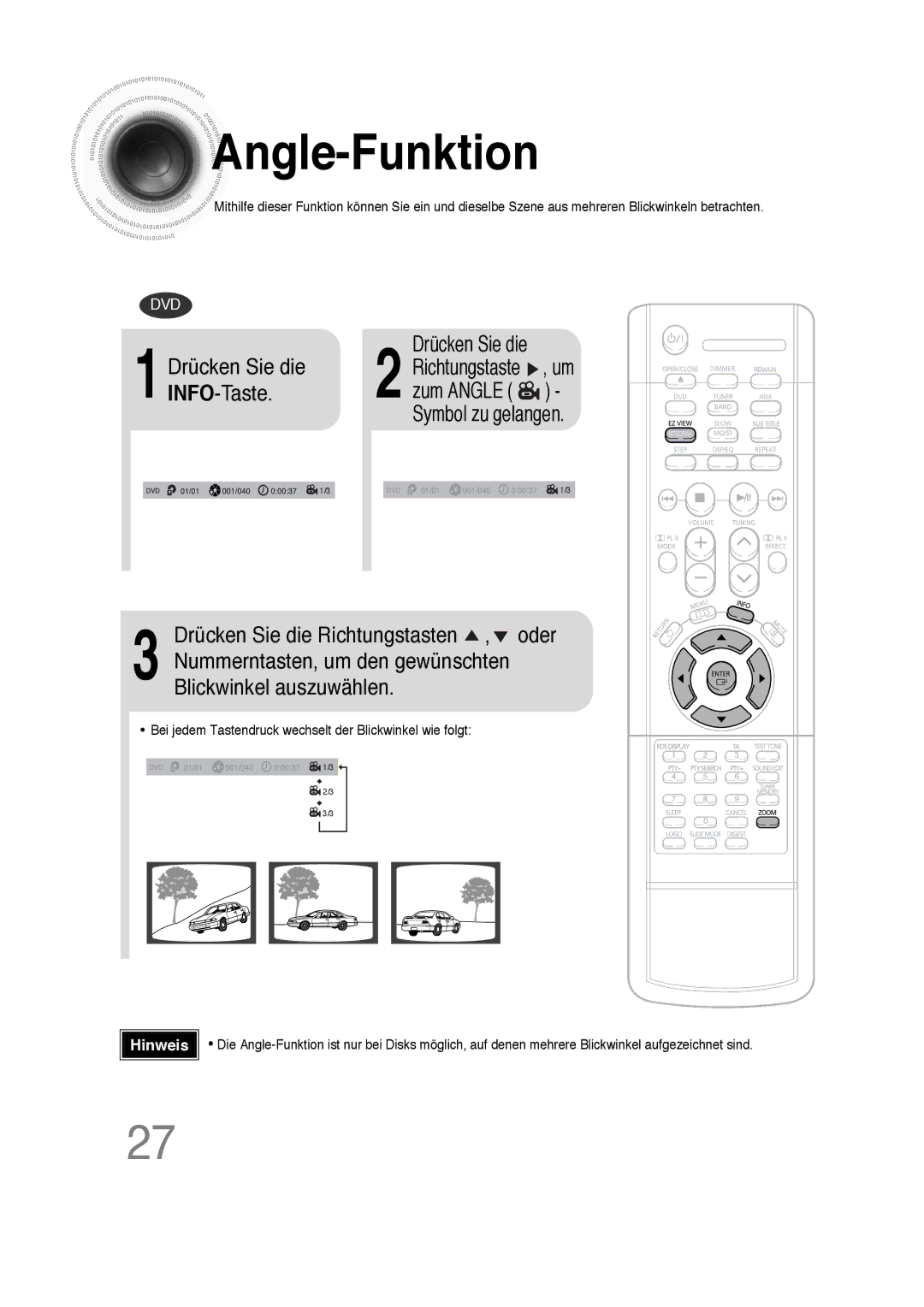 Samsung HT-DS100N/EDC, HTDS100B/EDC, HTDS100RH/ELS, HTDS100RH/EDC manual Angle -Funktion, 1Drücken Sie die INFO-Taste 