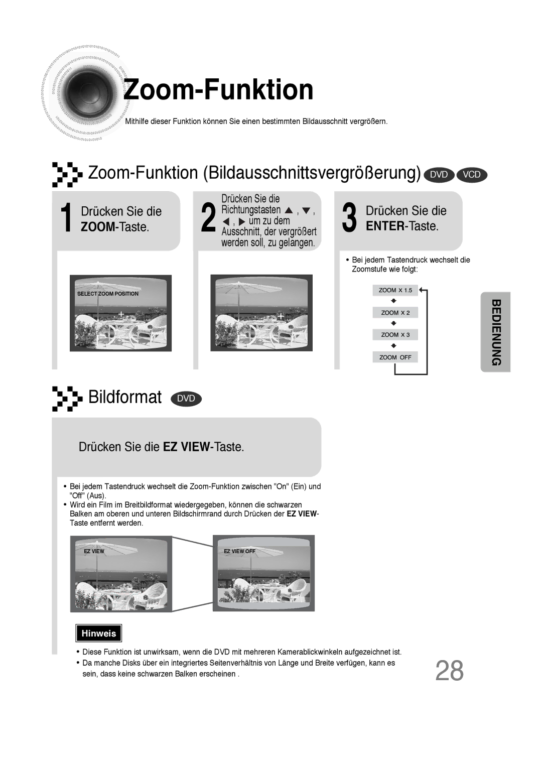 Samsung HTDS100B/EDC, HT-DS100N/EDC, HTDS100RH/ELS, HTDS100RH/EDC Zoom -Funktion, ZOOM-Taste, Drücken Sie die EZ VIEW-Taste 