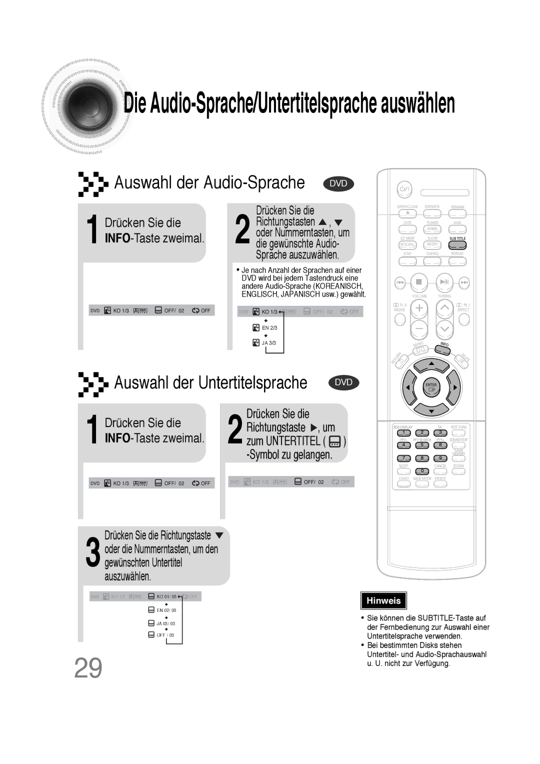 Samsung HTDS100RH/ELS, HT-DS100N/EDC, HTDS100B/EDC, HTDS100RH/EDC manual Auswahl der Audio-Sprache DVD 