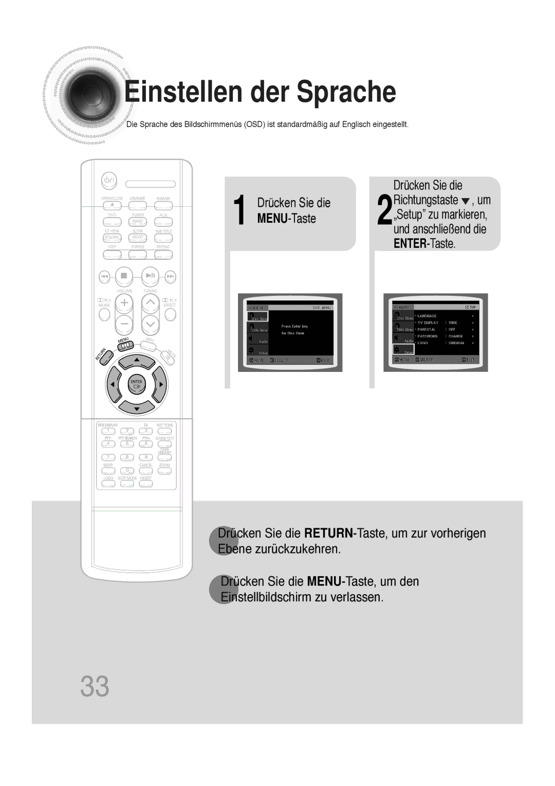 Samsung HTDS100RH/ELS, HT-DS100N/EDC, HTDS100B/EDC, HTDS100RH/EDC manual Einstellen der Sprache 