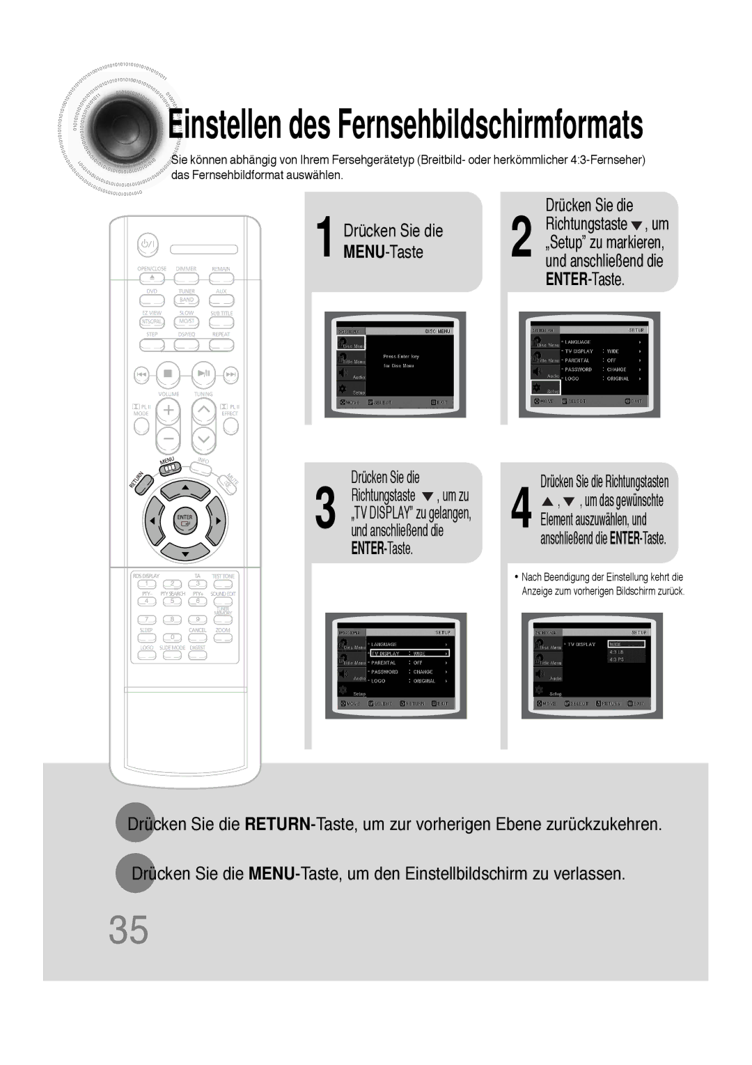 Samsung HT-DS100N/EDC, HTDS100B/EDC, HTDS100RH/ELS, HTDS100RH/EDC manual Einstellen des Fernsehbildschirmformats 