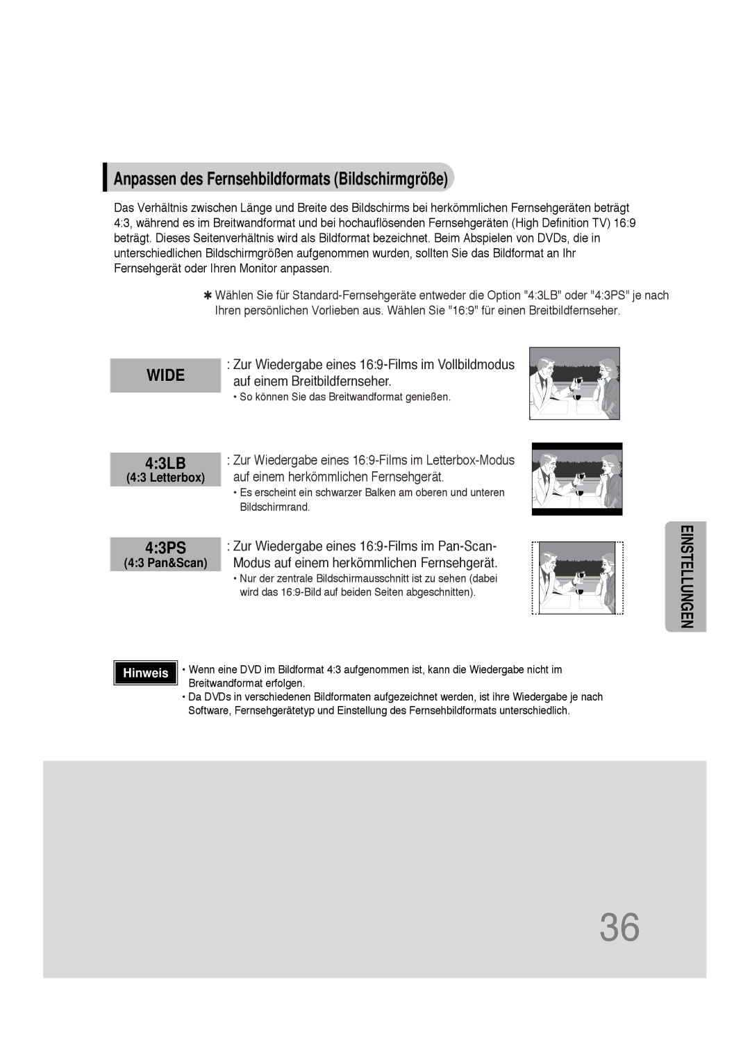 Samsung HTDS100B/EDC, HT-DS100N/EDC, HTDS100RH/ELS, HTDS100RH/EDC manual Anpassen des Fernsehbildformats Bildschirmgröße, Wide 