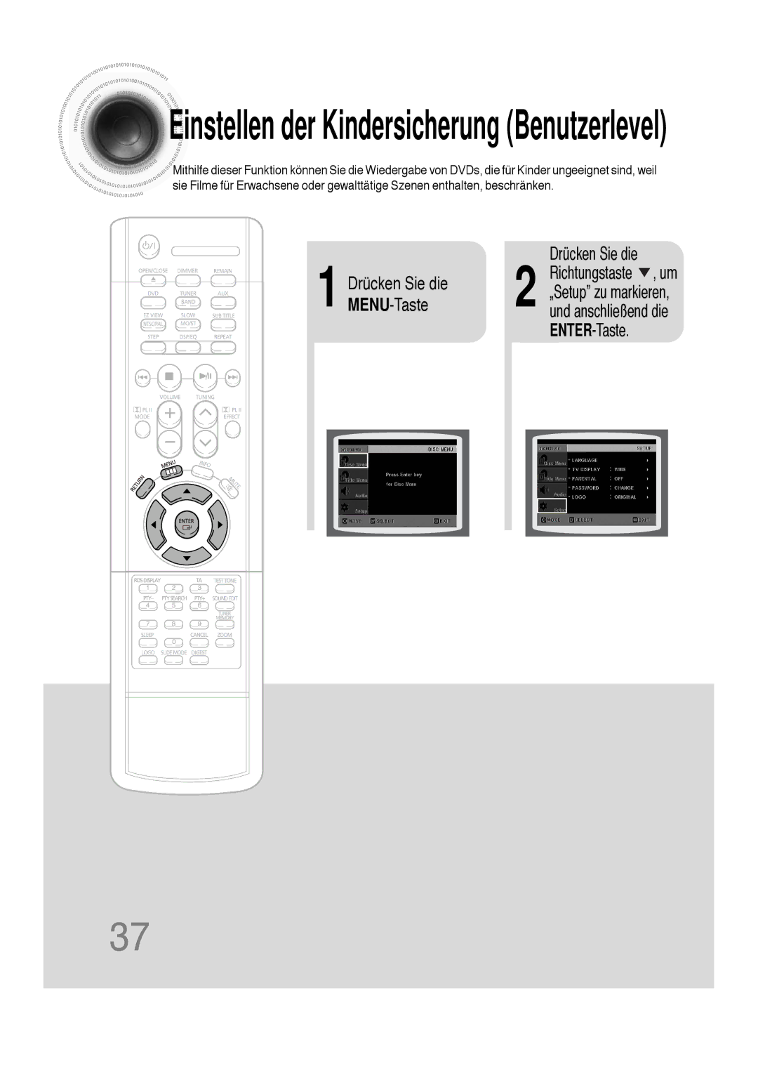 Samsung HTDS100RH/ELS, HT-DS100N/EDC, HTDS100B/EDC, HTDS100RH/EDC manual MENU-Taste, ENTER-Taste 