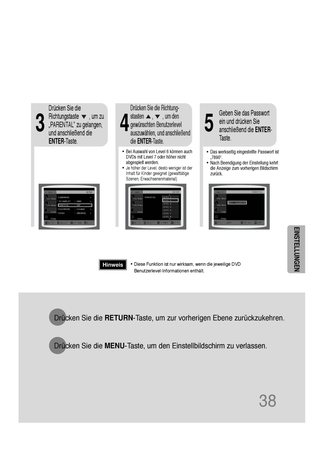 Samsung HTDS100RH/EDC, HT-DS100N/EDC, HTDS100B/EDC, HTDS100RH/ELS manual Geben Sie das Passwort, Drücken Sie die Richtung 