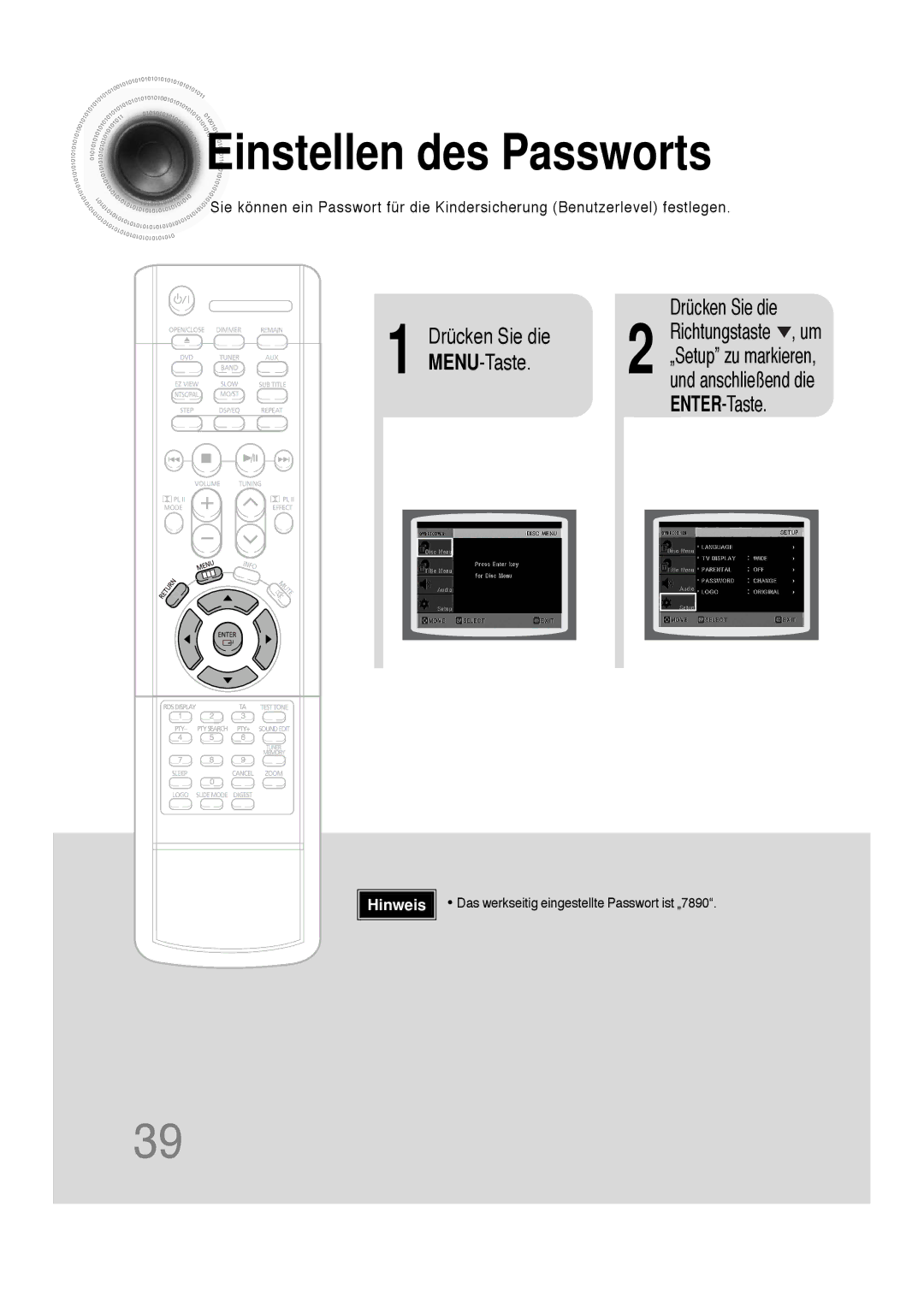 Samsung HT-DS100N/EDC, HTDS100B/EDC, HTDS100RH/ELS, HTDS100RH/EDC manual Einstellen des Passworts 