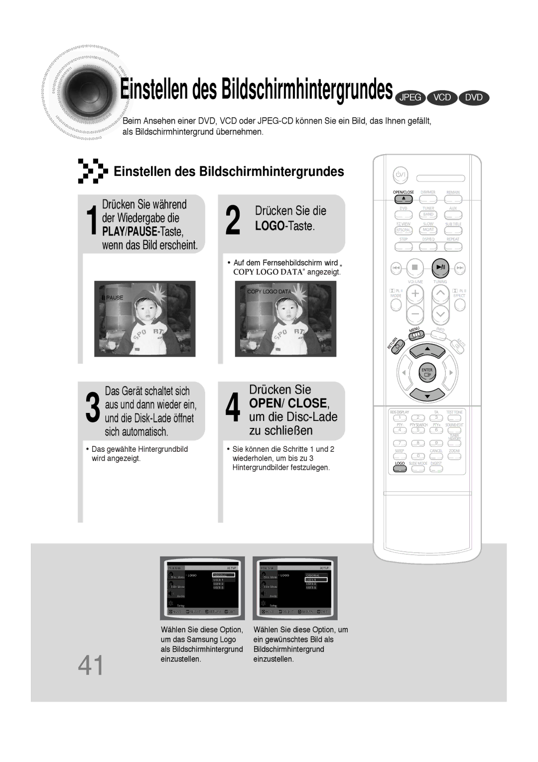 Samsung HTDS100RH/ELS, HT-DS100N/EDC, HTDS100B/EDC, HTDS100RH/EDC manual Drücken Sie während 