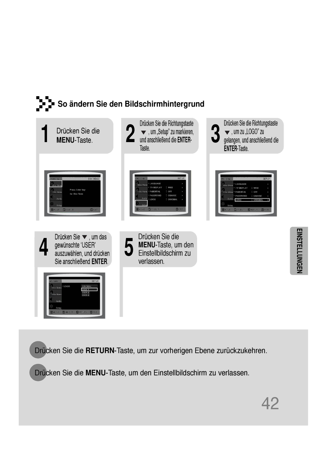 Samsung HTDS100RH/EDC, HT-DS100N/EDC, HTDS100B/EDC, HTDS100RH/ELS manual So ändern Sie den Bildschirmhintergrund 