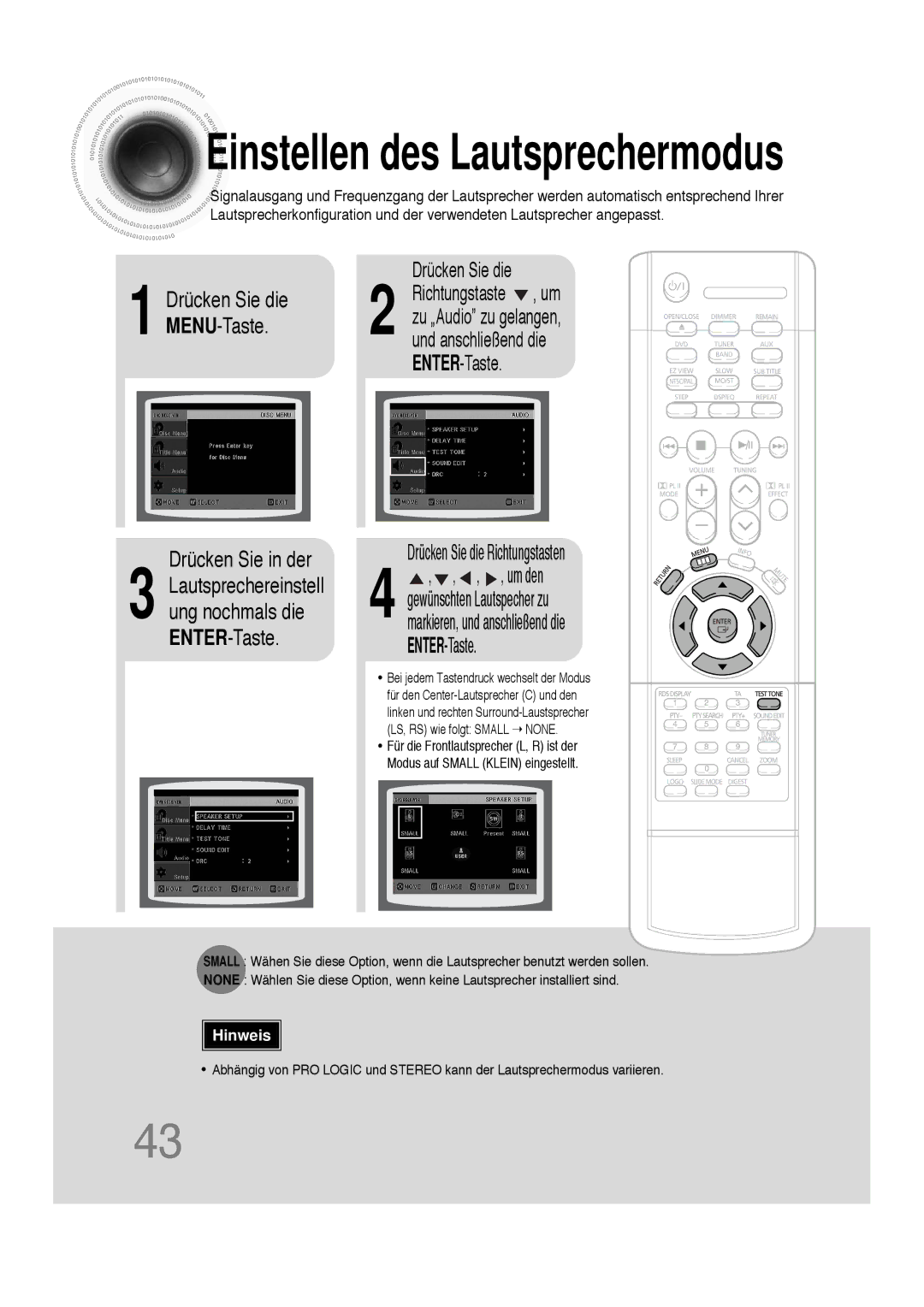 Samsung HT-DS100N/EDC, HTDS100B/EDC, HTDS100RH/ELS, HTDS100RH/EDC manual Einstellen des Lautsprechermodus, Drücken Sie in der 