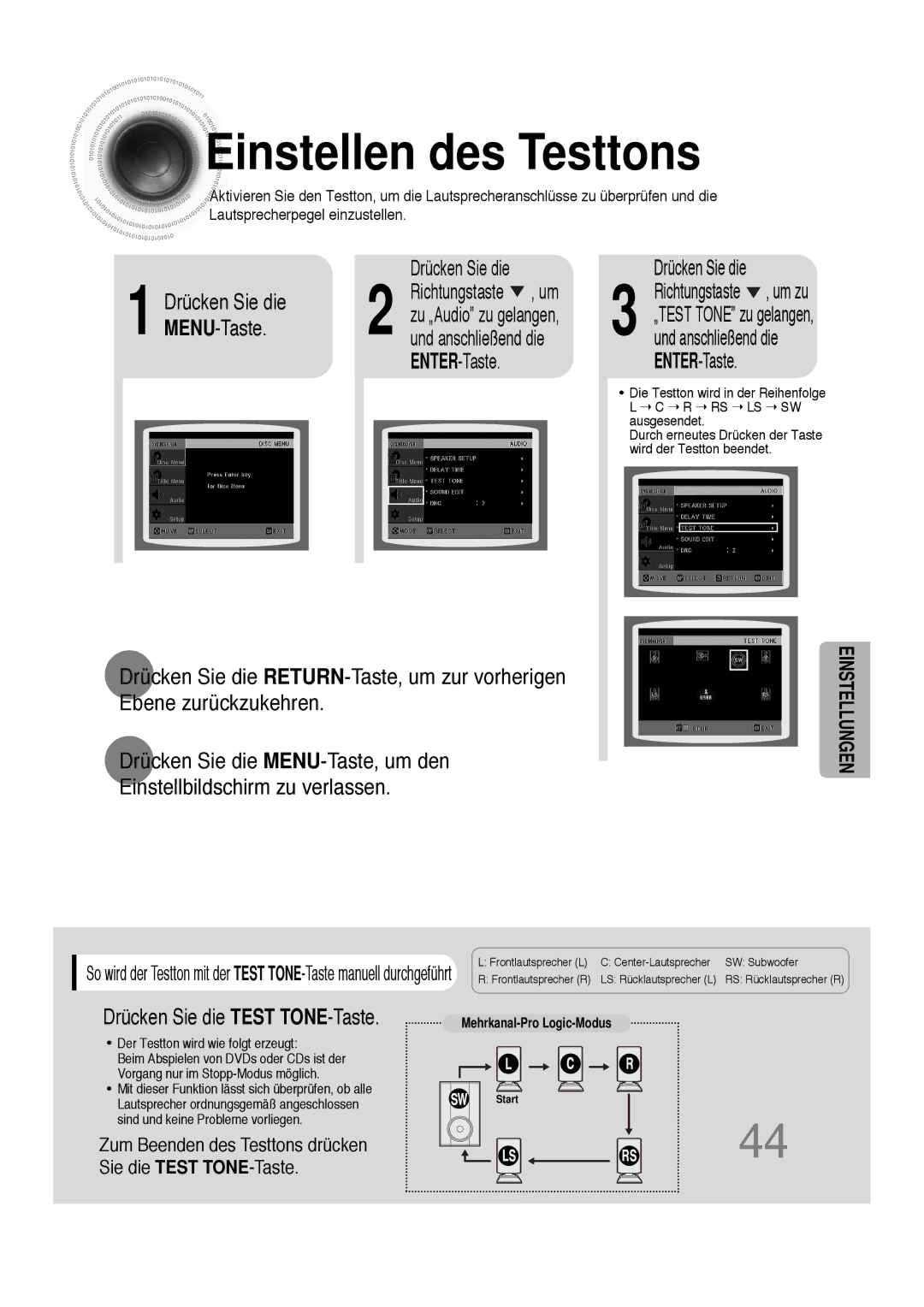 Samsung HTDS100B/EDC, HT-DS100N/EDC, HTDS100RH/ELS, HTDS100RH/EDC Einstellen des Testtons, Drücken Sie die Test TONE-Taste 