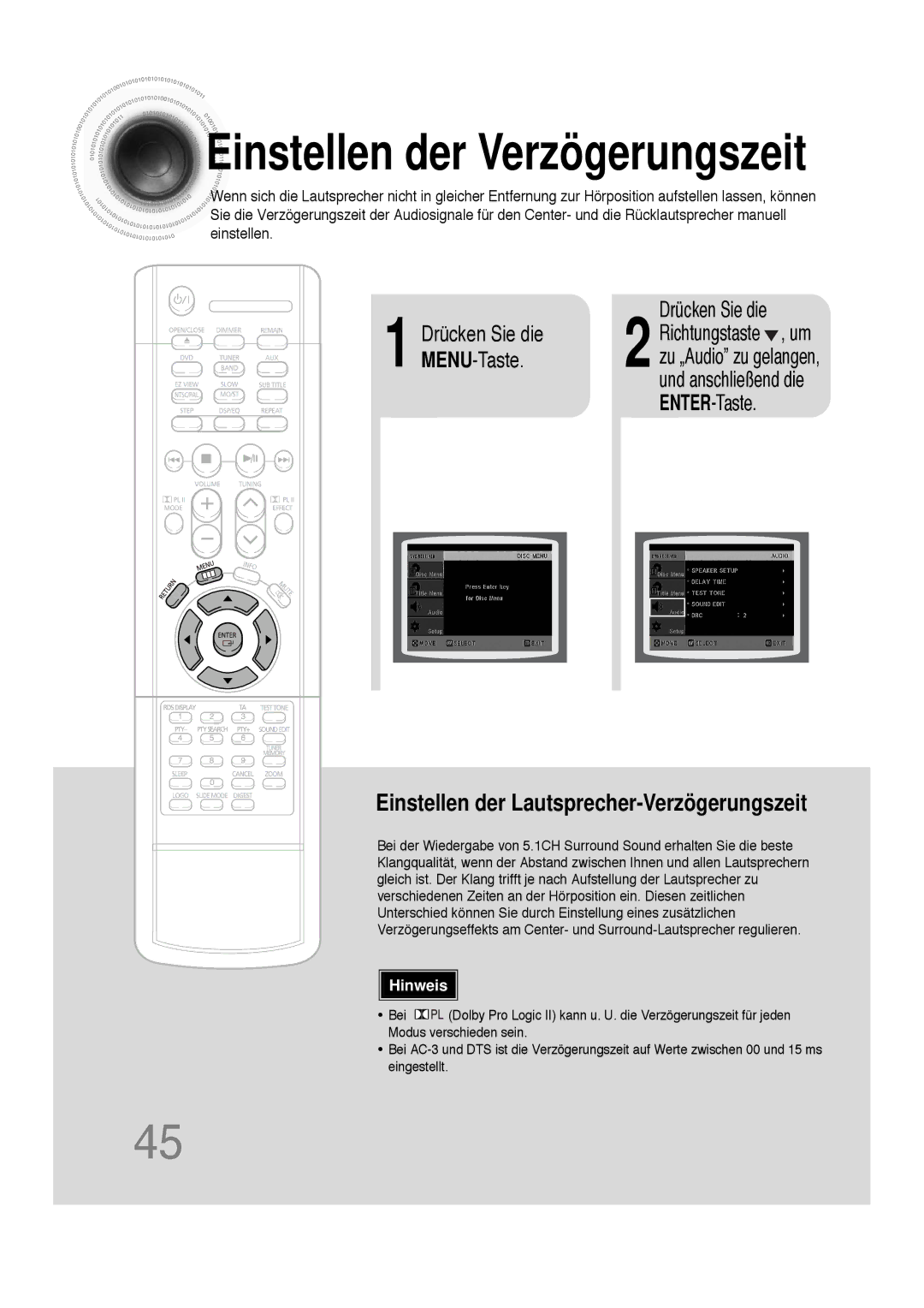 Samsung HTDS100RH/ELS, HT-DS100N/EDC, HTDS100B/EDC, HTDS100RH/EDC manual Einstellen der Verzögerungszeit 