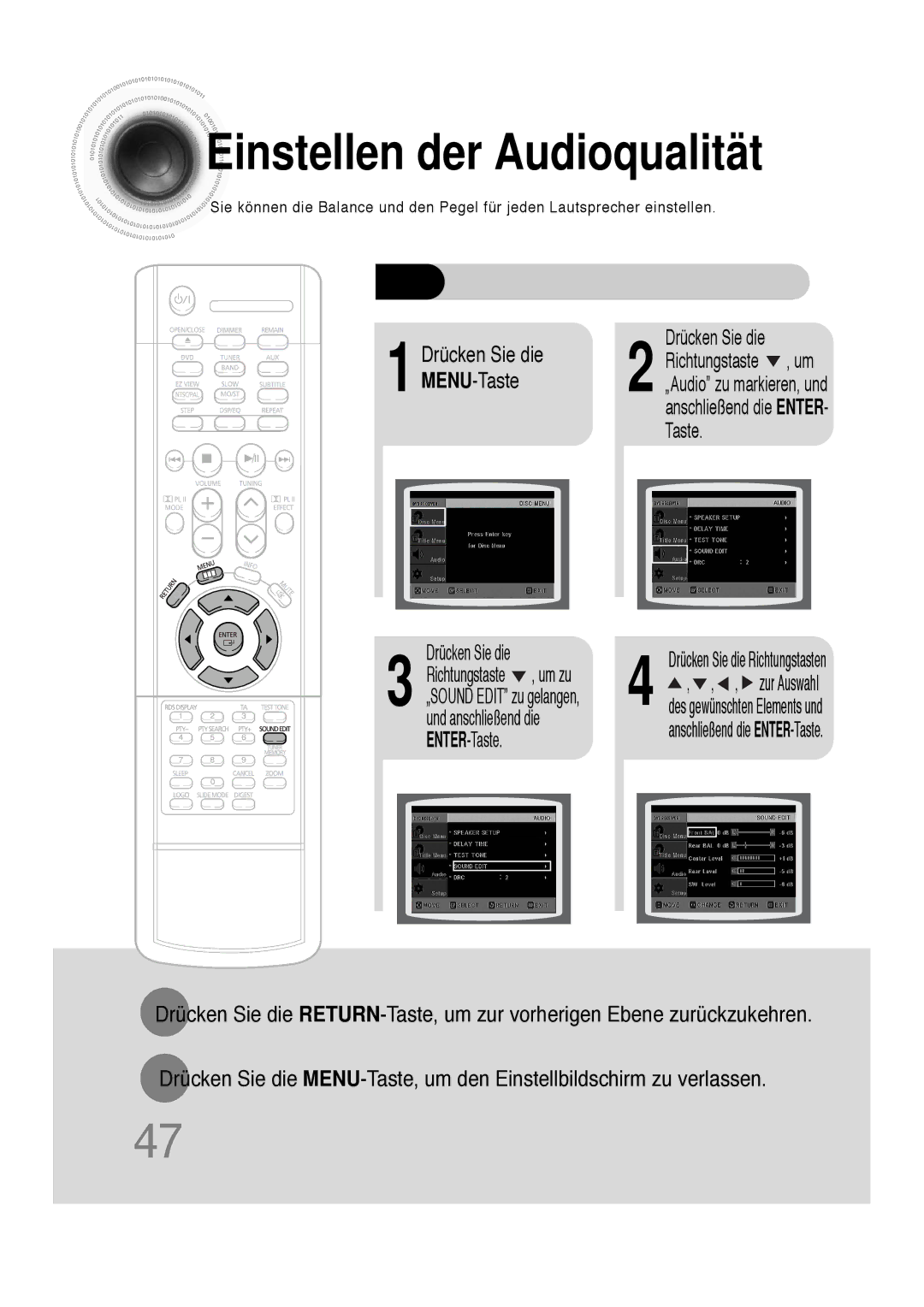 Samsung HT-DS100N/EDC, HTDS100B/EDC, HTDS100RH/ELS, HTDS100RH/EDC manual Einstellen der Audioqualität, Um zu 