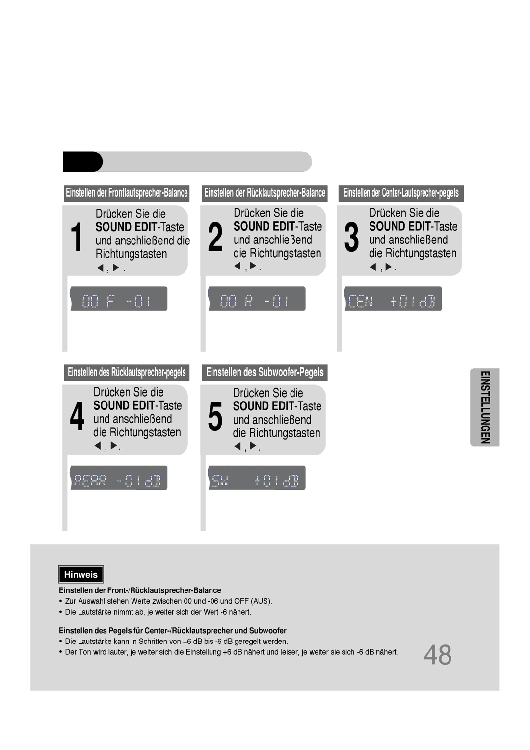 Samsung HTDS100B/EDC, HT-DS100N/EDC, HTDS100RH/ELS, HTDS100RH/EDC manual Sound EDIT-Taste und anschließend die Richtungstasten 