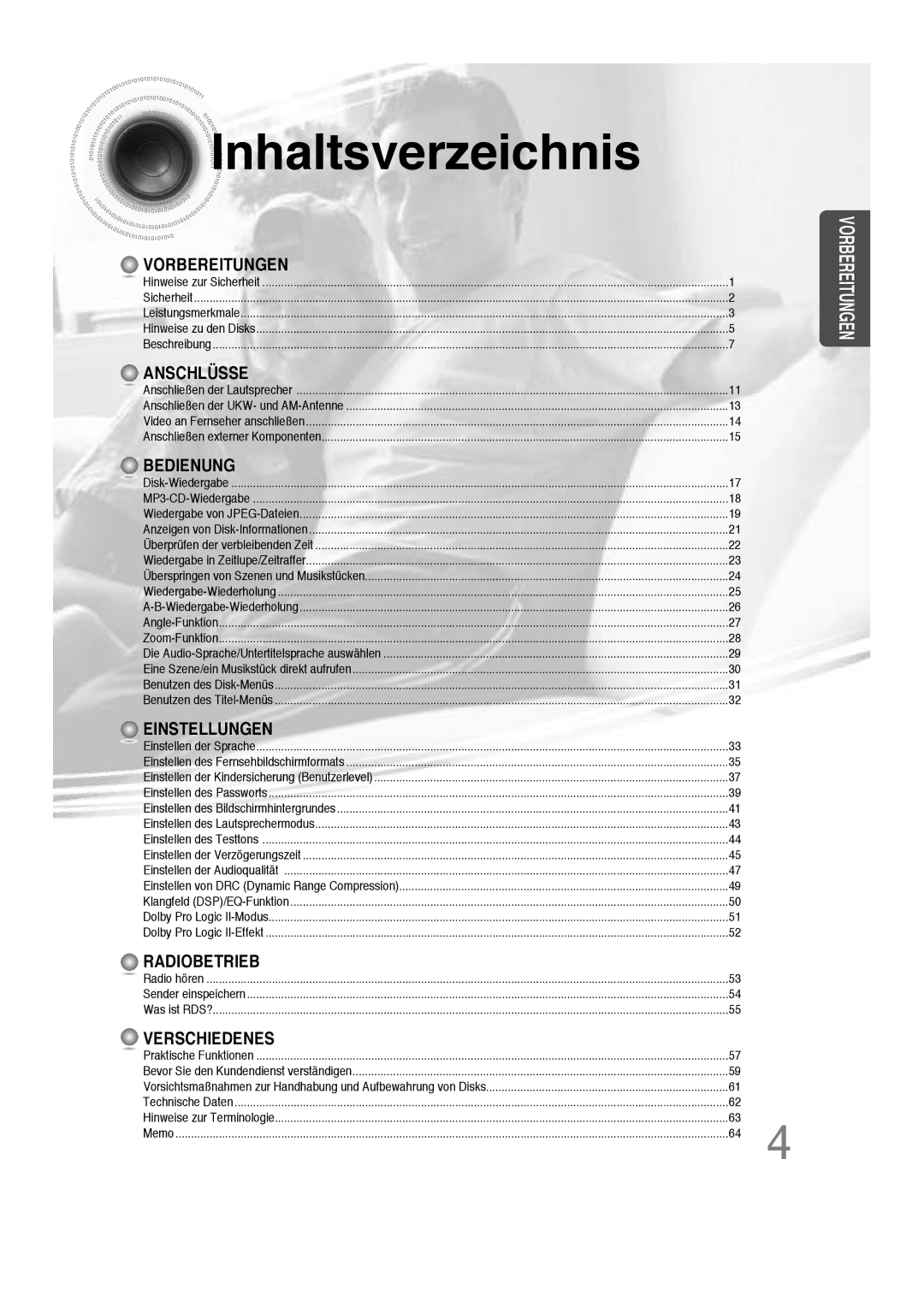 Samsung HTDS100B/EDC, HT-DS100N/EDC, HTDS100RH/ELS, HTDS100RH/EDC manual Inhaltsverzeichnis, Anschlüsse 