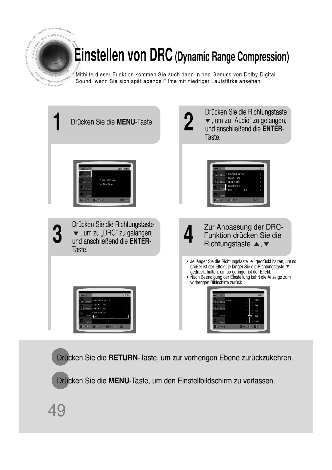 Samsung HTDS100RH/ELS, HT-DS100N/EDC, HTDS100B/EDC, HTDS100RH/EDC manual Taste, Richtungstaste 