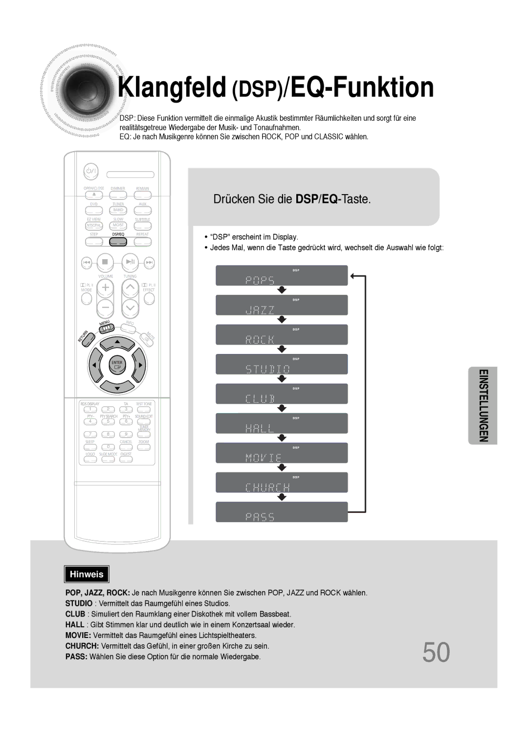 Samsung HTDS100RH/EDC, HT-DS100N/EDC, HTDS100B/EDC, HTDS100RH/ELS Klangfeld DSP/EQ-Funktion, Drücken Sie die DSP/EQ-Taste 