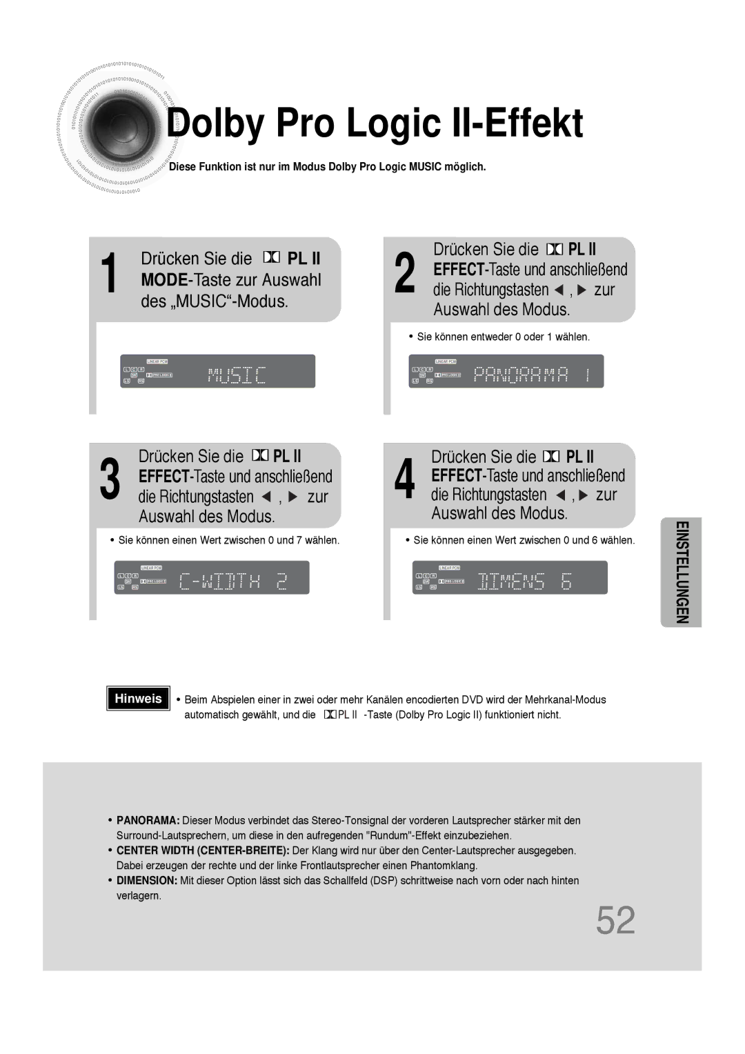 Samsung HTDS100B/EDC manual Dolby Pro Logic II-Effekt, Drücken Sie die PL, Des „MUSIC-Modus, Zur, Auswahl des Modus 