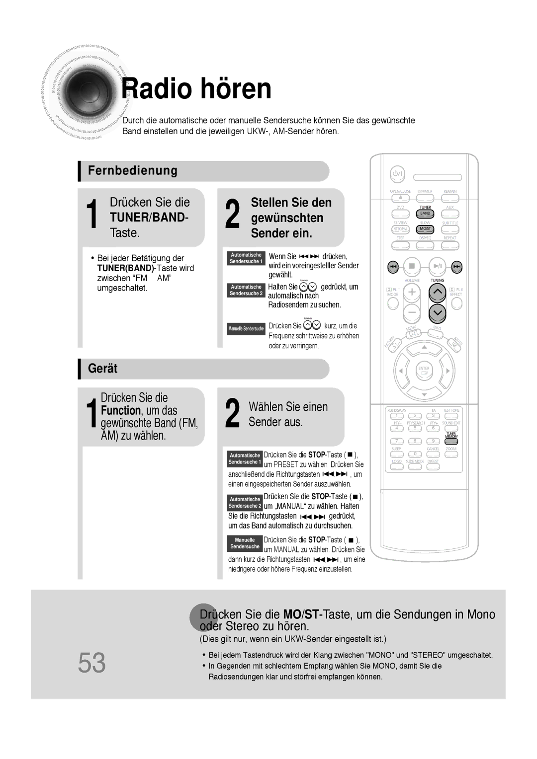 Samsung HTDS100RH/ELS, HT-DS100N/EDC, HTDS100B/EDC manual Radio hören, Fernbedienung, Gerät, Wählen Sie einen Sender aus 