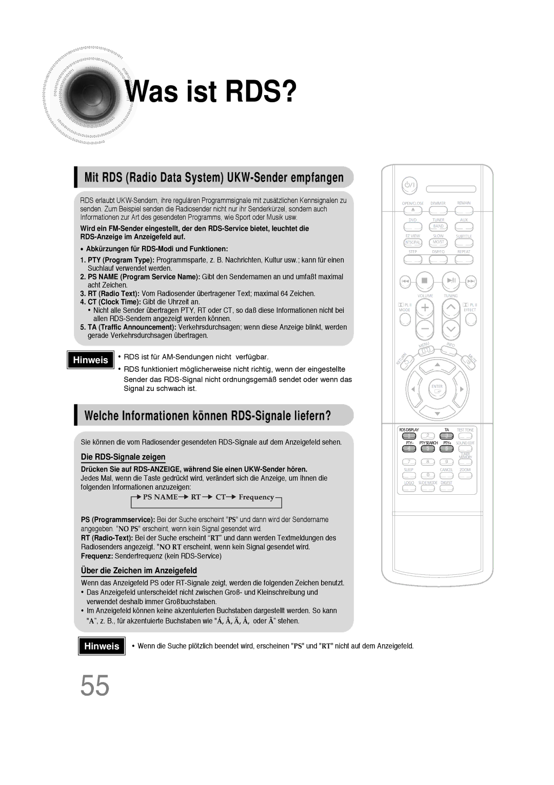 Samsung HT-DS100N/EDC, HTDS100B/EDC, HTDS100RH/ELS manual Was ist RDS?, Mit RDS Radio Data System UKW-Sender empfangen 